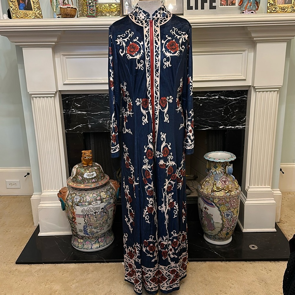 Elegant Navy Floral Kimono Robe with Red Accents